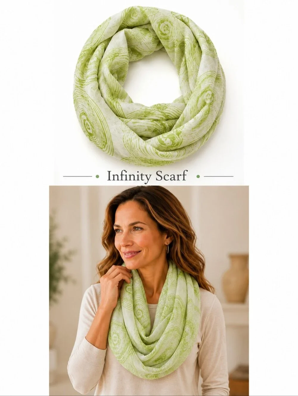 Infinity Scarf Green Cream Swirl Print Lightweight Loop Scarf